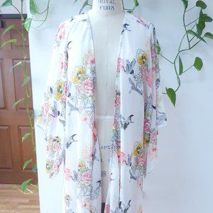Forever 21 crane bird and flower print oversize kimono beach cover up size small